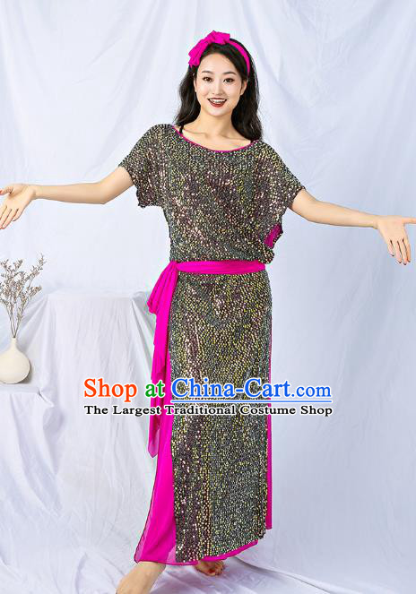 Asian Oriental Dance Grey Sequins Robe India Traditional Belly Dance Dress Clothing