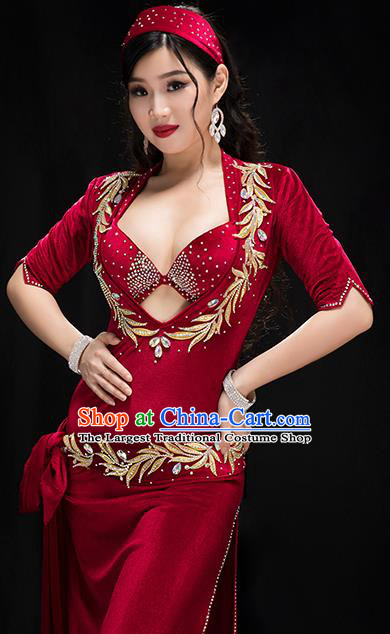 Asian Oriental Dance Stage Performance Outfits Traditional Indian Belly Dance Wine Red Bra and Velvet Robe Costume
