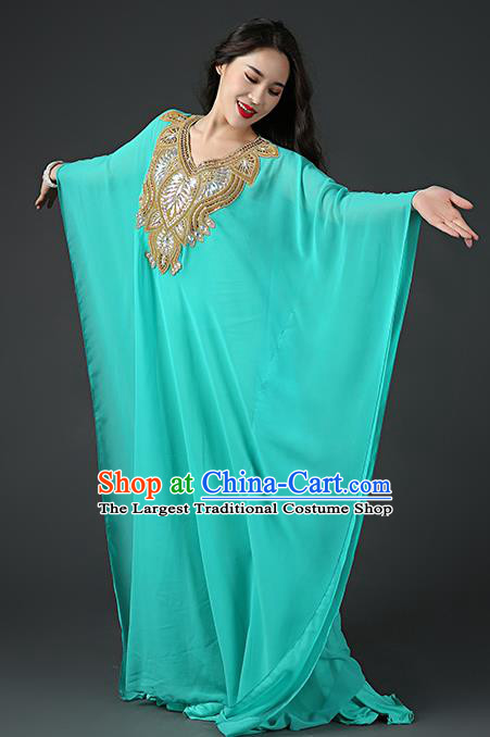 Asian Oriental Dance Sequins Green Chiffon Robe and Slip Dress India Traditional Belly Dance Stage Performance Clothing