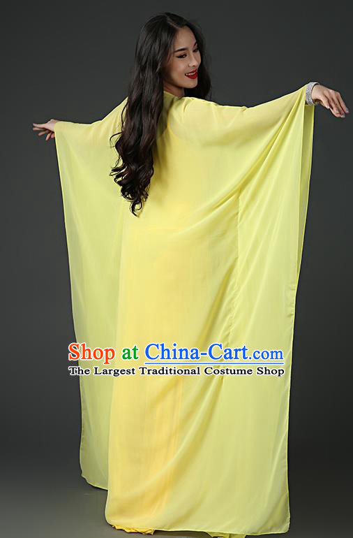India Traditional Belly Dance Stage Performance Clothing Asian Oriental Dance Sequins Yellow Chiffon Robe and Slip Dress