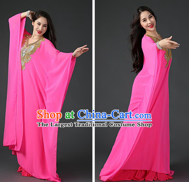 Asian Oriental Dance Rosy Chiffon Robe and Slip Dress India Traditional Belly Dance Sequins Clothing
