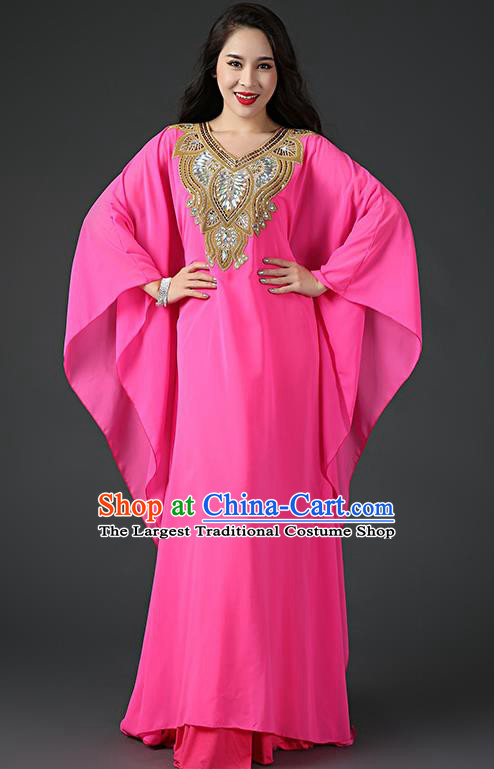 Asian Oriental Dance Rosy Chiffon Robe and Slip Dress India Traditional Belly Dance Sequins Clothing