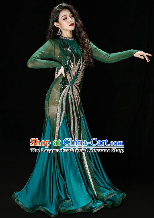 Traditional Oriental Dance Competition Costumes Asian Indian Belly Dance Embroidered Sequins Green Dress