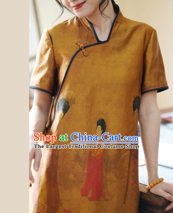 China National Printing Cheongsam Classical Beauty Pattern Ginger Silk Qipao Dress