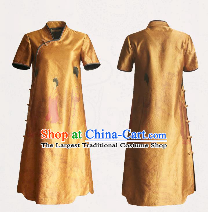 China National Printing Cheongsam Classical Beauty Pattern Ginger Silk Qipao Dress