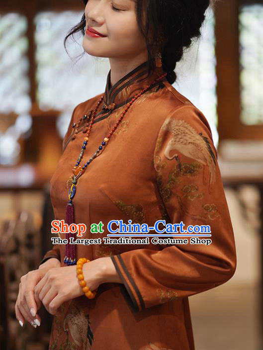 China Classical Cranes Pattern Brown Silk Qipao Dress National Printing Cheongsam