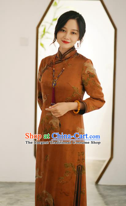 China Classical Cranes Pattern Brown Silk Qipao Dress National Printing Cheongsam