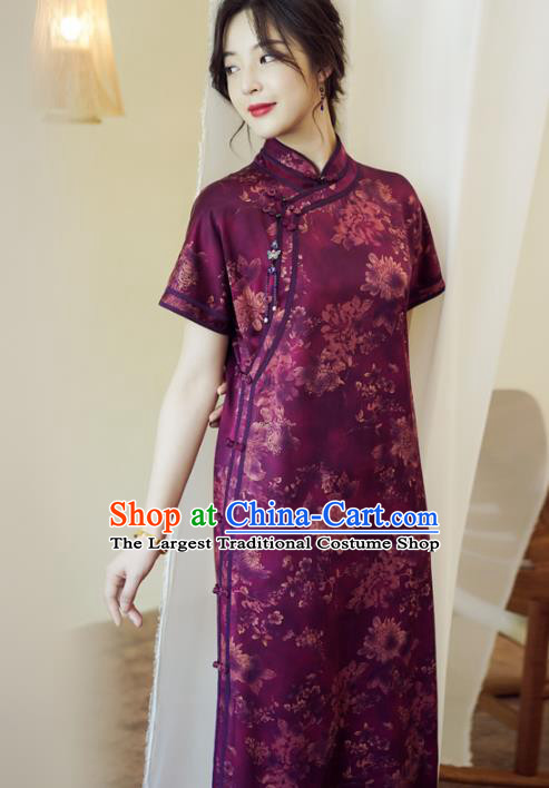 China Classical Purple Silk Qipao Dress National Printing Chrysanthemum Cheongsam