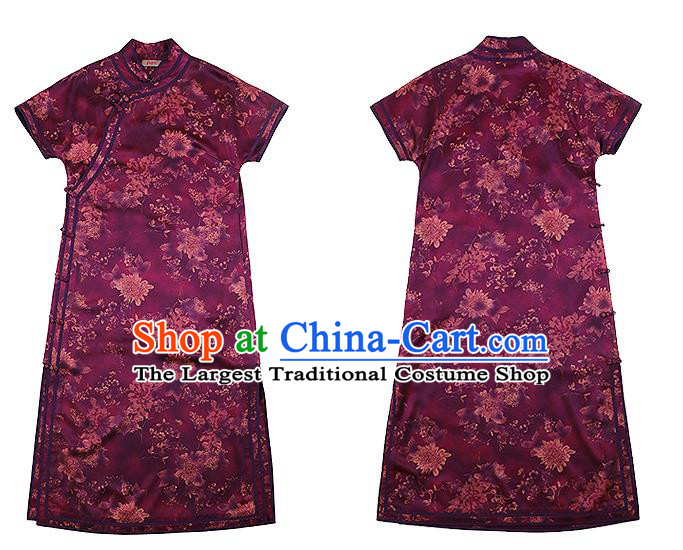 China Classical Purple Silk Qipao Dress National Printing Chrysanthemum Cheongsam