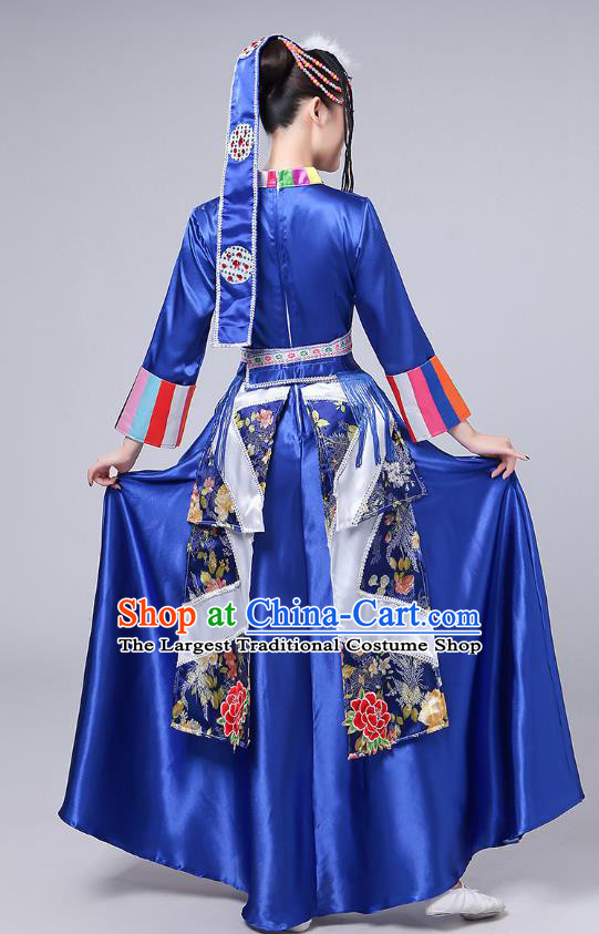 Chinese Traditional Xizang Tibetan Ethnic Dance Royalblue Dress Zang Nationality Stage Performance Clothing
