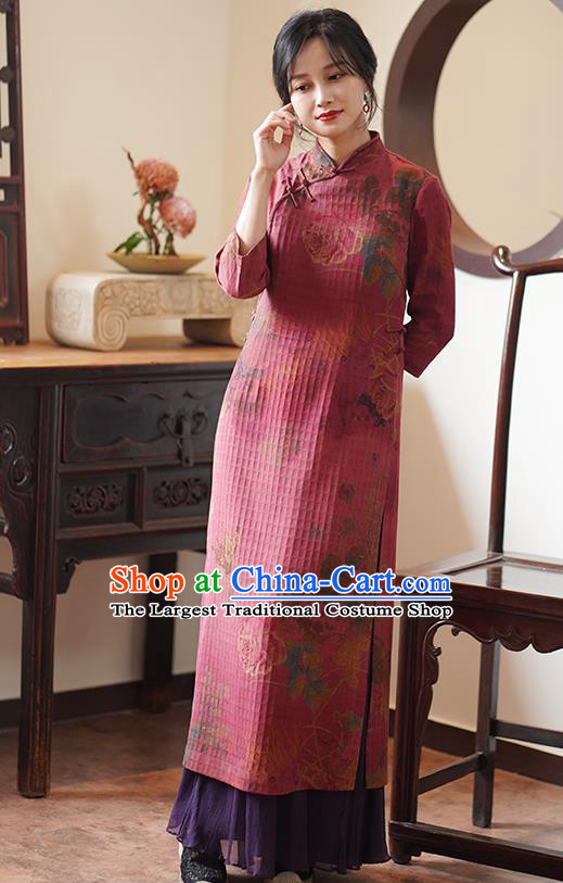 China Classical Printing Qipao Dress National Wine Red Silk Cheongsam