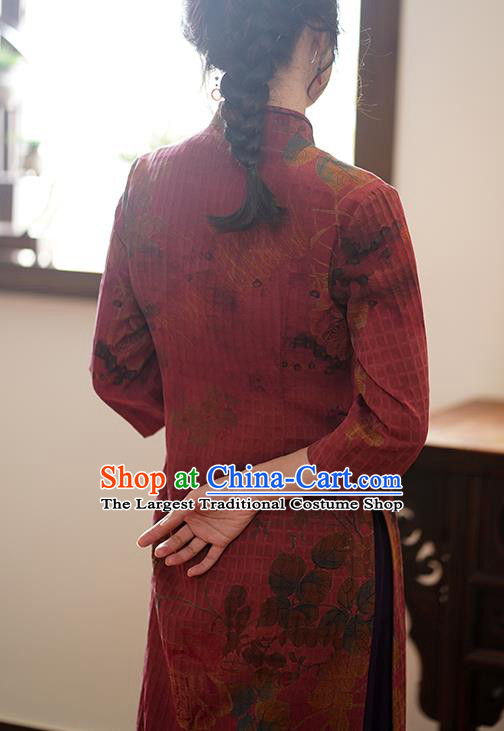 China Classical Printing Qipao Dress National Wine Red Silk Cheongsam