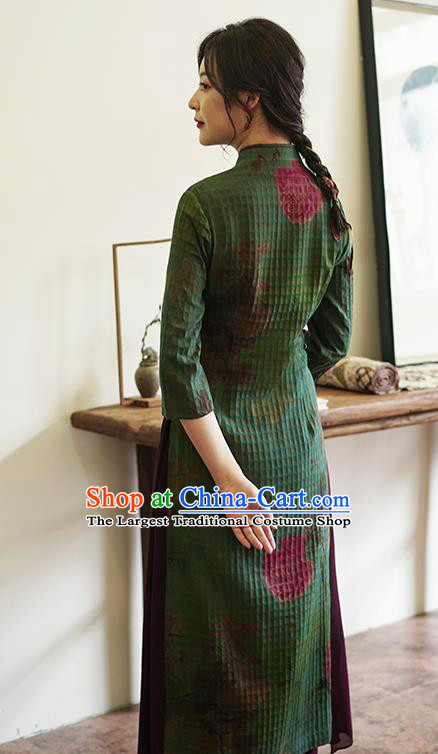 China National Green Silk Cheongsam Classical Printing Peony Butterfly Qipao Dress