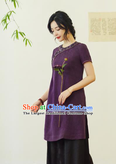 China Tang Suit Embroidered Shirt National Women Clothing Classical Purple Silk Short Sleeve Blouse