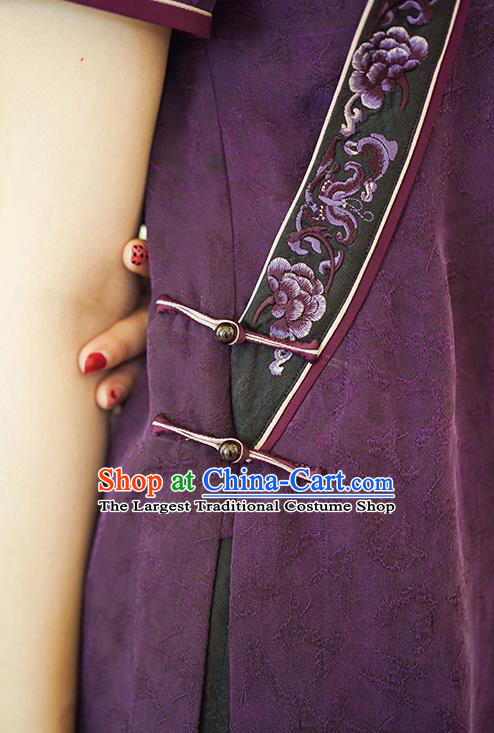China Tang Suit Embroidered Shirt National Women Clothing Classical Purple Silk Short Sleeve Blouse