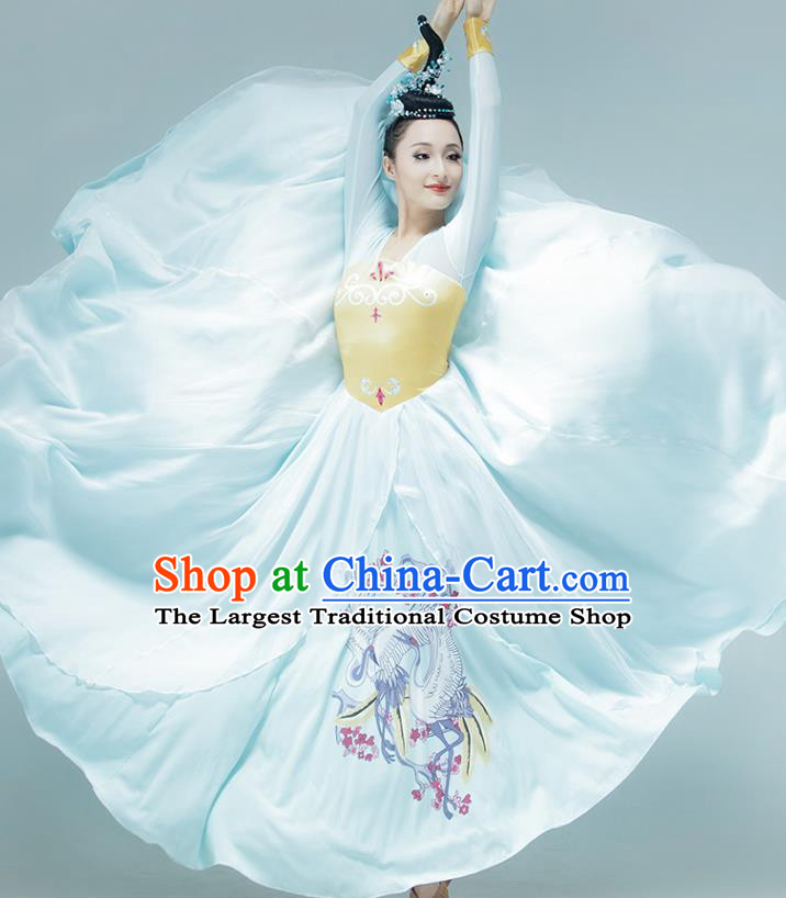 Chinese Fan Dance Printing Blue Outfits Classical Dance Stage Performance Clothing