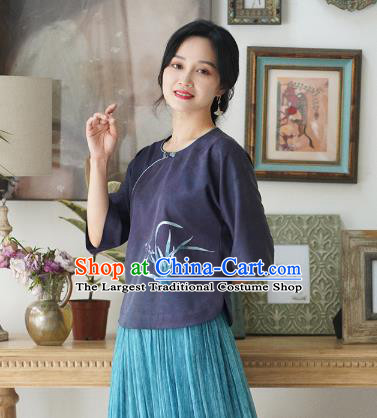 China Tang Suit Blouse National Women Clothing Classical Embroidered Orchids Purple Silk Shirt