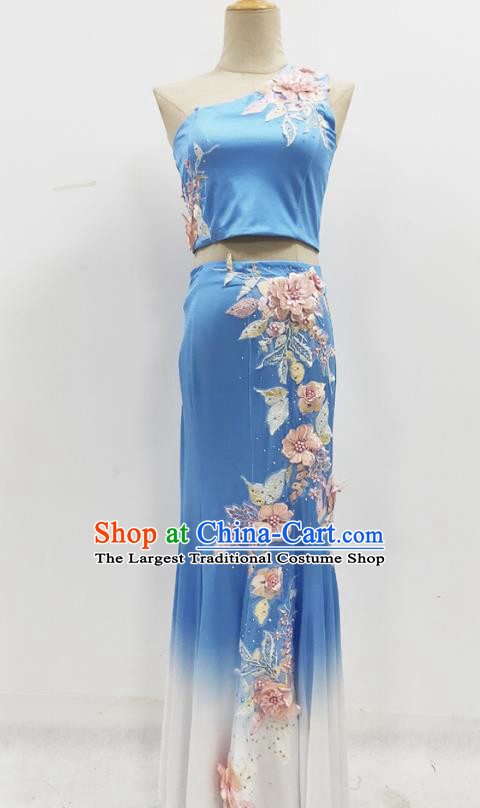Chinese Traditional Dai Nationality Performance Blue Dress Yunnan Ethnic Peacock Dance Clothing