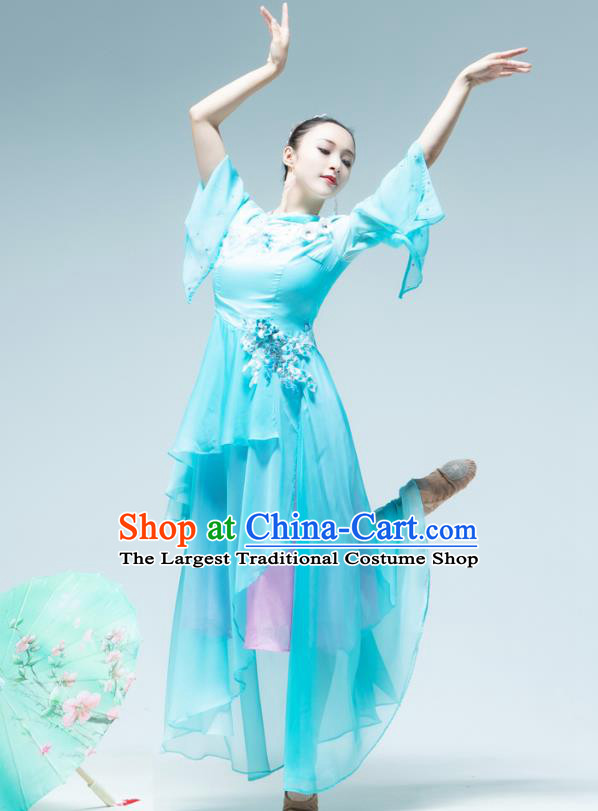 Chinese Umbrella Dance Performance Clothing Classical Dance Blue Dress Outfits