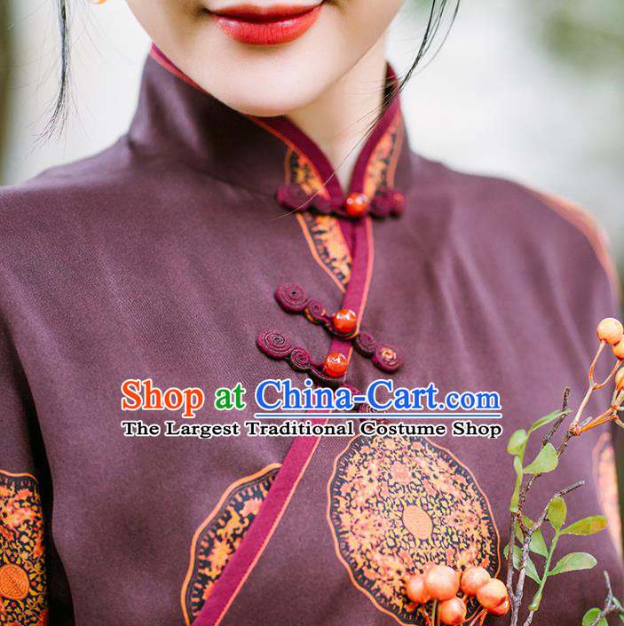 China National Young Lady Cheongsam Classical Purple Silk Qipao Dress Clothing
