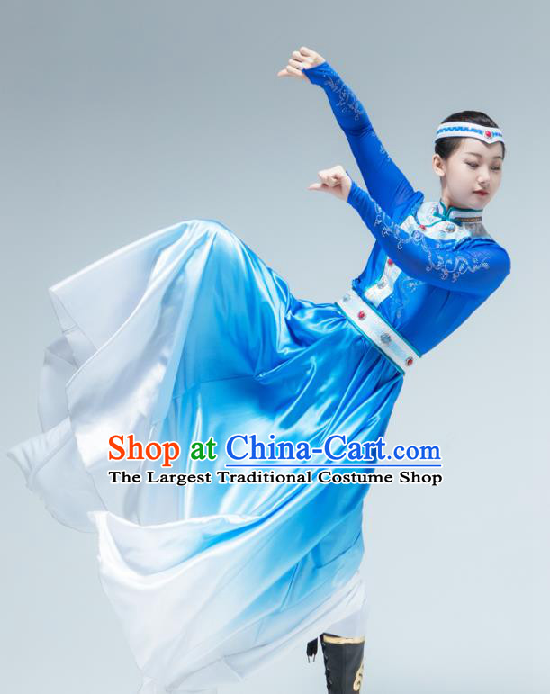 Chinese Mongol Ethnic Female Performance Clothing Traditional Mongolian Nationality Dance Blue Dress