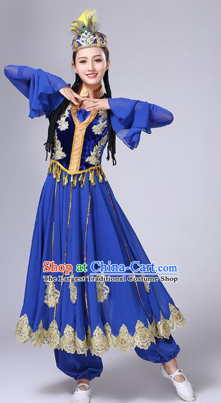Chinese Xinjiang Ethnic Stage Performance Clothing Traditional Uygur Nationality Folk Dance Blue Dress Outfits