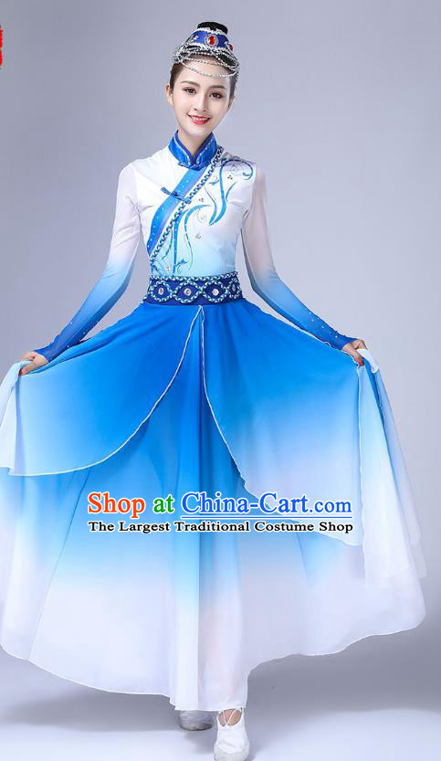 Chinese Mongolian Ethnic Stage Performance Clothing Traditional Mongol Nationality Bowl Dance Blue Dress