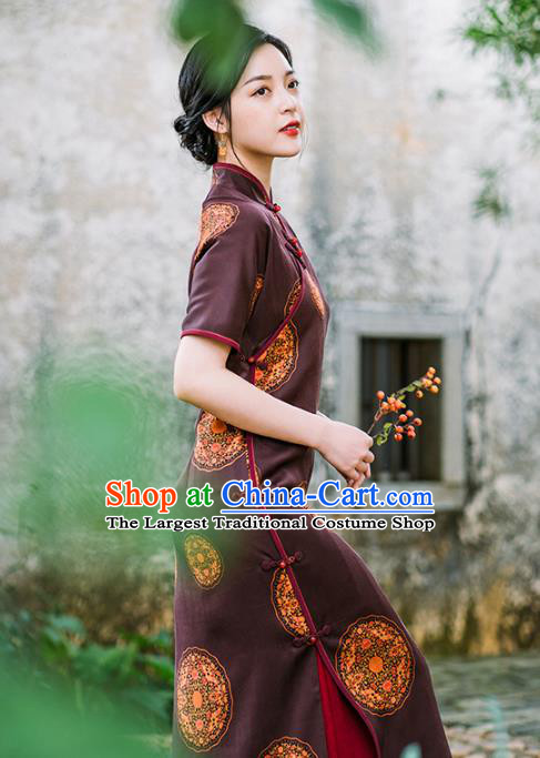 China National Young Lady Cheongsam Classical Purple Silk Qipao Dress Clothing
