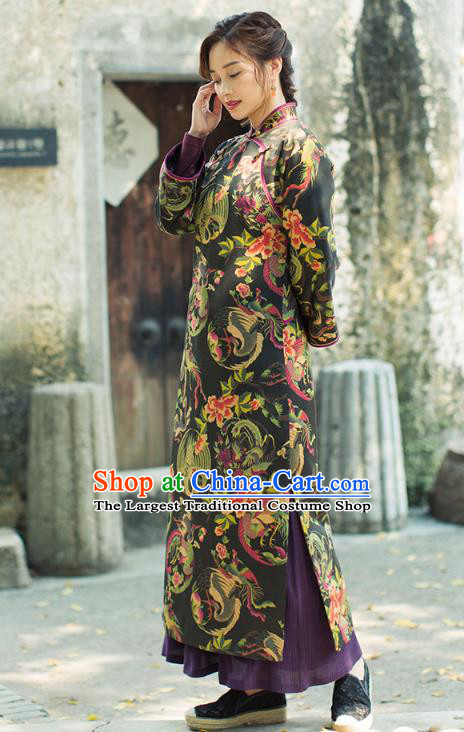 China National Women Clothing Classical Black Silk Cotton Wadded Coat Tang Suit Winter Long Robe