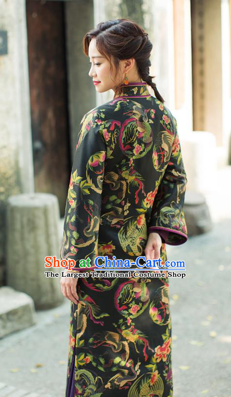 China National Women Clothing Classical Black Silk Cotton Wadded Coat Tang Suit Winter Long Robe