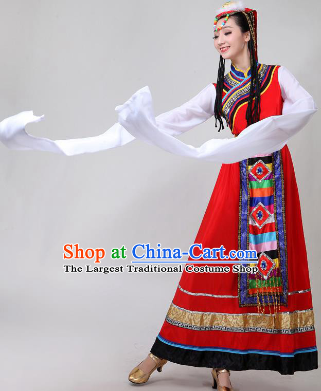 Chinese Traditional Zang Nationality Water Sleeve Dance Clothing Xizang Tibetan Ethnic Folk Dance Red Dress