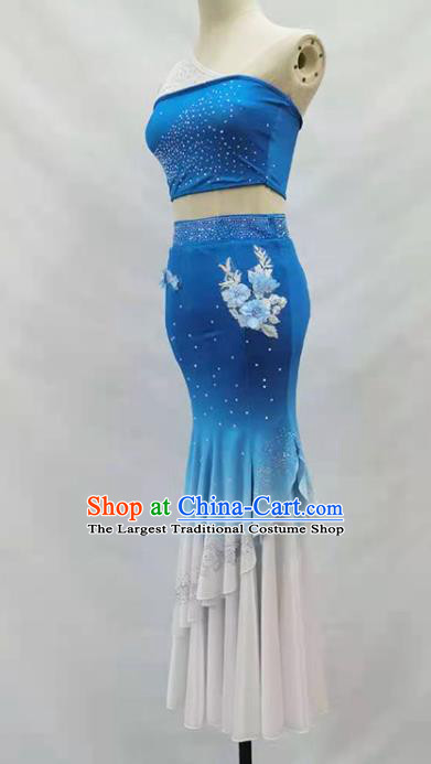 Chinese Dai Ethnic Folk Dance Blue Outfits Traditional Yunnan Nationality Peacock Dance Clothing