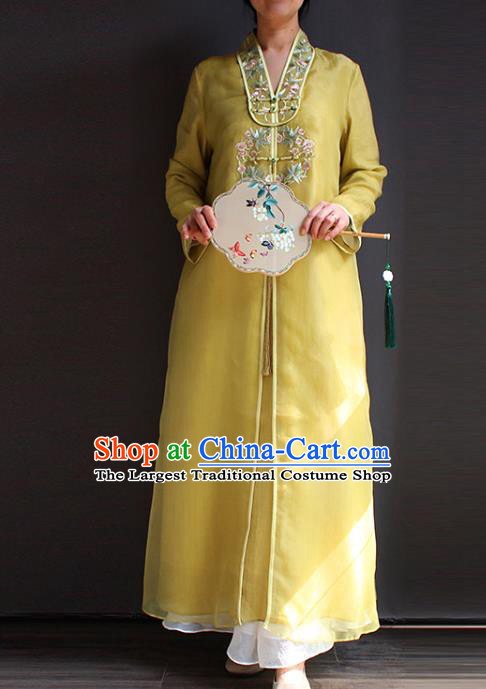 China National Embroidered Young Lady Cheongsam Classical Yellow Silk Qipao Dress Clothing