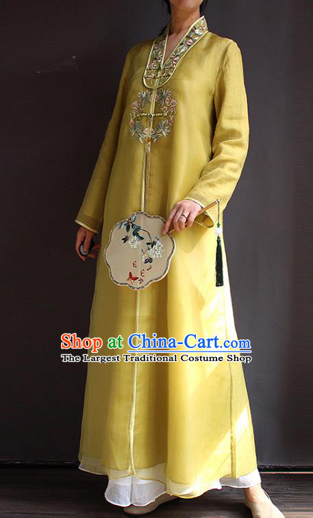 China National Young Lady Cheongsam Classical Purple Silk Qipao Dress ClothingChina National Embroidered Young Lady Cheongsam Classical Yellow Silk Qipao Dress Clothing