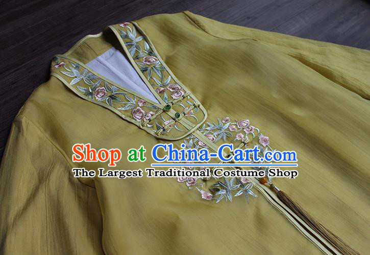 China National Embroidered Young Lady Cheongsam Classical Yellow Silk Qipao Dress Clothing