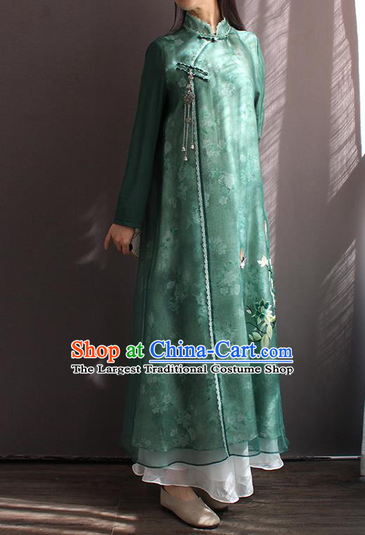 China National Women Zen Clothing Embroidered Green Chiffon Qipao Dress Classical Dance Cheongsam