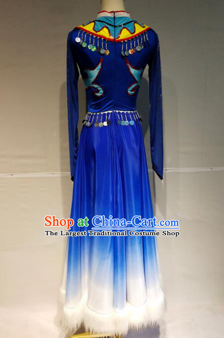 Chinese Traditional Ewenki Nationality Dance Royalblue Dress Ethnic Stage Performance Clothing