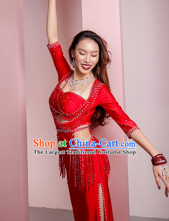 Asian Oriental Dance Raks Sharki Red Robe Outfits Professional Indian Belly Dance Training Clothing