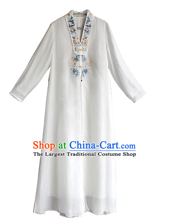 China Embroidered White Flax Qipao Dress Classical Dance Cheongsam National Women Zen ClothingChina Embroidered White Flax Qipao Dress Classical Dance Cheongsam National Women Zen Clothing