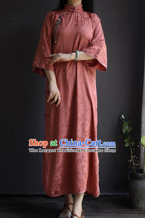 China Red Silk Qipao Dress National Women Clothing Classical Wide Sleeve Cheongsam