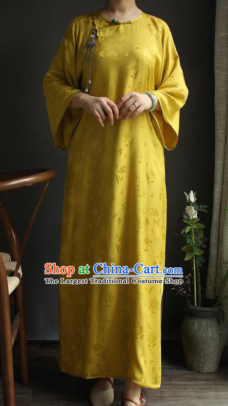 China National Women Clothing Classical Wide Sleeve Cheongsam Yellow Silk Qipao Dress
