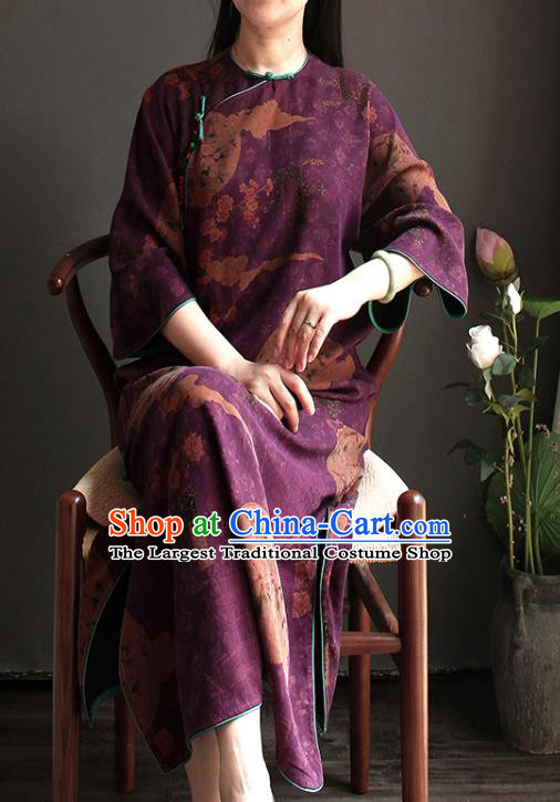 China Classical Cheongsam National Women Clothing Purple Silk Wide Sleeve Qipao Dress