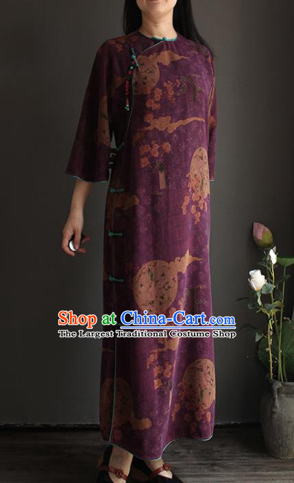 China Classical Cheongsam National Women Clothing Purple Silk Wide Sleeve Qipao Dress
