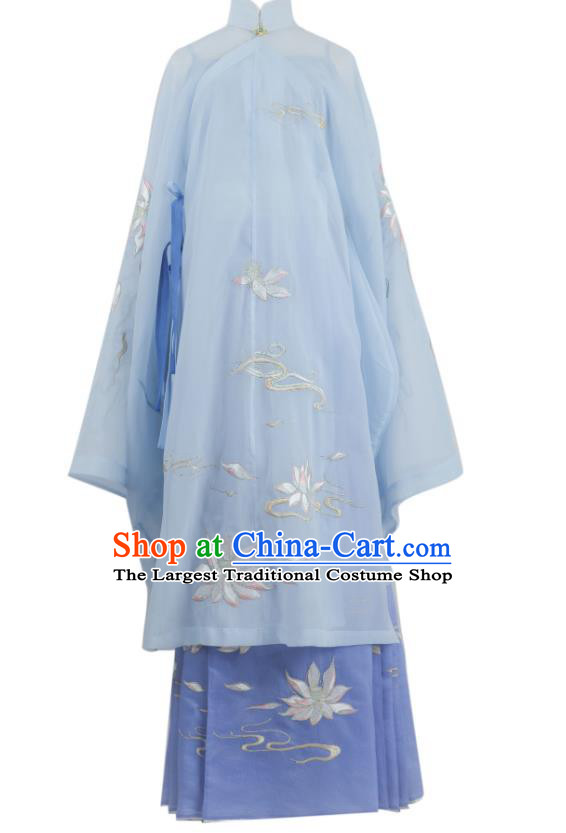 China Traditional Ming Dynasty Noble Beauty Historical Clothing Ancient Young Lady Blue Hanfu Dress Garment