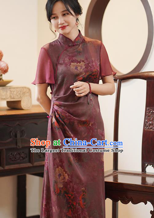 China National Costume Cheongsam Classical Peony Pattern Purple Silk Qipao Dress