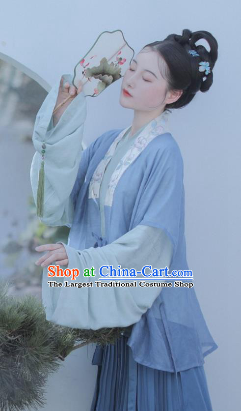 China Ancient Country Woman Blue Dress Uniforms Traditional Song Dynasty Civilian Lady Hanfu Clothing