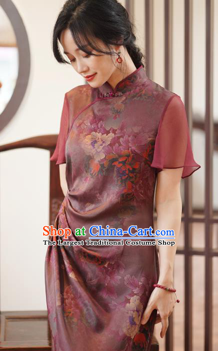 China National Costume Cheongsam Classical Peony Pattern Purple Silk Qipao Dress