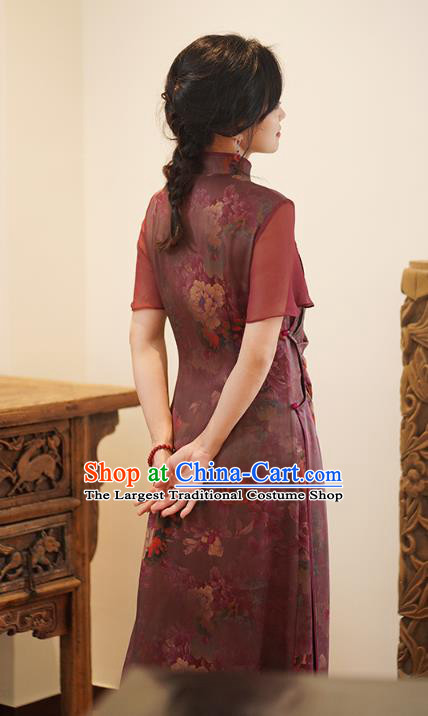 China National Costume Cheongsam Classical Peony Pattern Purple Silk Qipao Dress