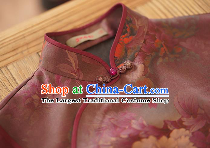 China National Costume Cheongsam Classical Peony Pattern Purple Silk Qipao Dress