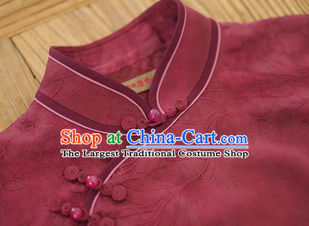 China National Cheongsam Classical Jacquard Wine Red Silk Qipao Dress